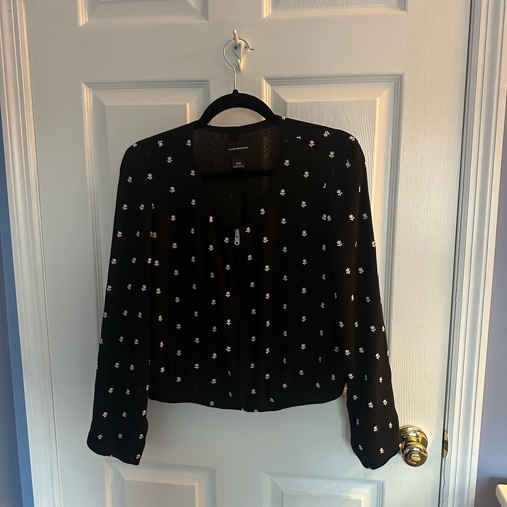 Club Monaco Black Bomber Jacket with White Floral Accents